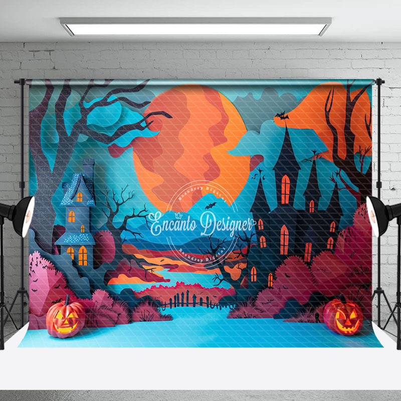 Aperturee - Aperturee Haunted House Pumpkin Trunk Halloween Photo Backdrop