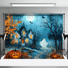 Aperturee - Aperturee Haunted House with Cute Ghost Combo Set Backdrop Spooky Pumpkin Patch Floor Kids Halloween Party Photos