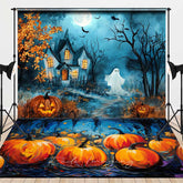 Aperturee - Aperturee Haunted House with Cute Ghost Combo Set Backdrop Spooky Pumpkin Patch Floor Kids Halloween Party Photos