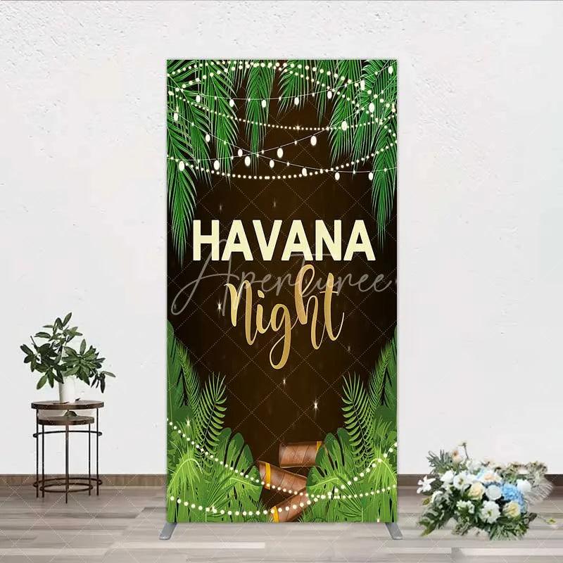 Aperturee - Aperturee Havana Night Rectangle Backdrop Tropical Palm Leaves and String Lights Background Summer Party Decoration Tension