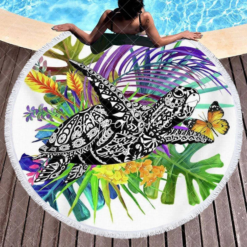 Aperturee - Aperturee Hawaii Grass Butterfly Sweet Vibe Round Beach Towel