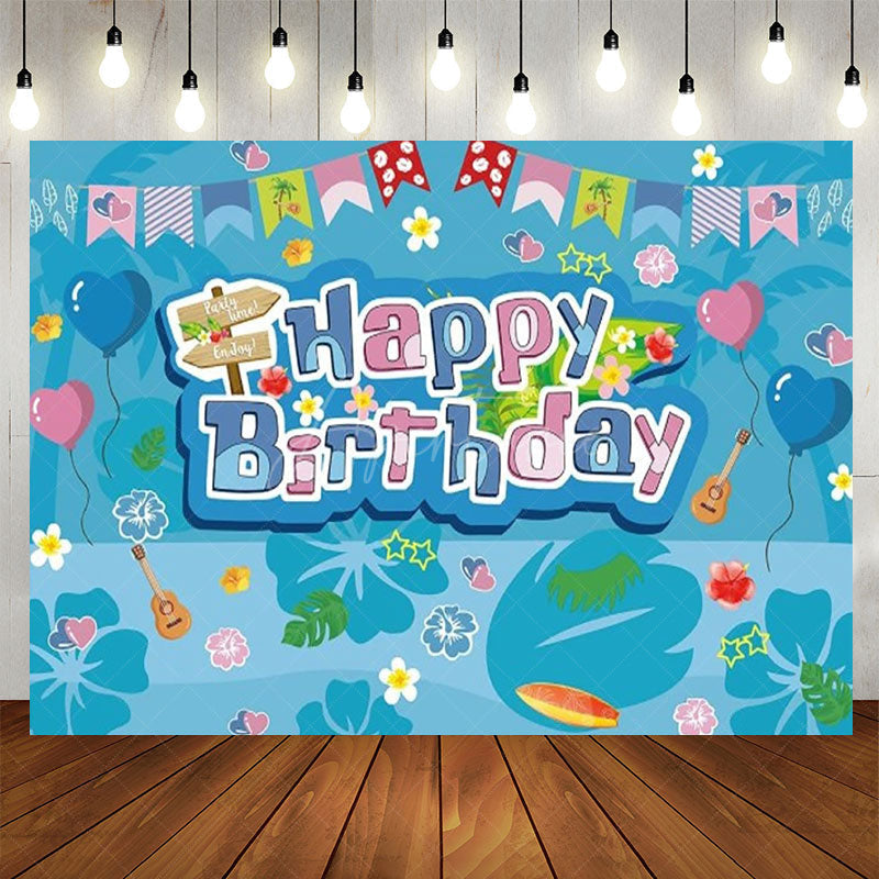 Aperturee - Aperturee Hawaiian Luau Happy Birthday Backdrop Blue Tropical with Surfboard and Ukulele Summer Beach Party Decor