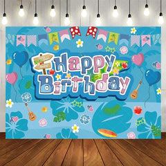 Aperturee - Aperturee Hawaiian Luau Happy Birthday Backdrop Blue Tropical with Surfboard and Ukulele Summer Beach Party Decor