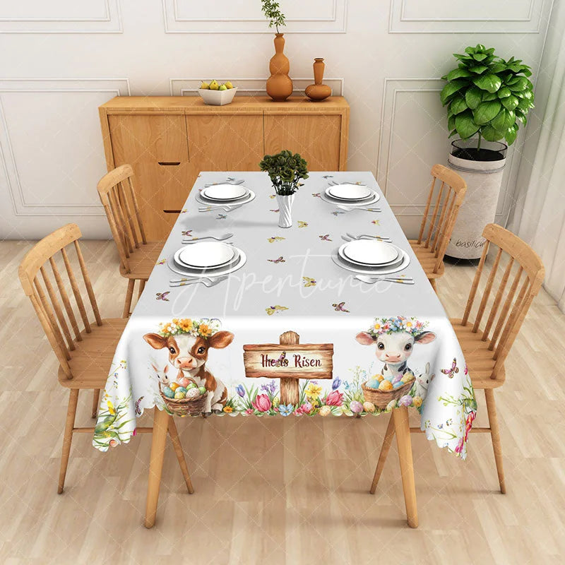 Aperturee - Aperturee He Is Risen Cute Cow Rectangle Tablecloth Farm Animal Easter Egg Basket Table Cover Rustic Spring Party Decor