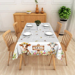 Aperturee - Aperturee He Is Risen Cute Cow Rectangle Tablecloth Farm Animal Easter Egg Basket Table Cover Rustic Spring Party Decor