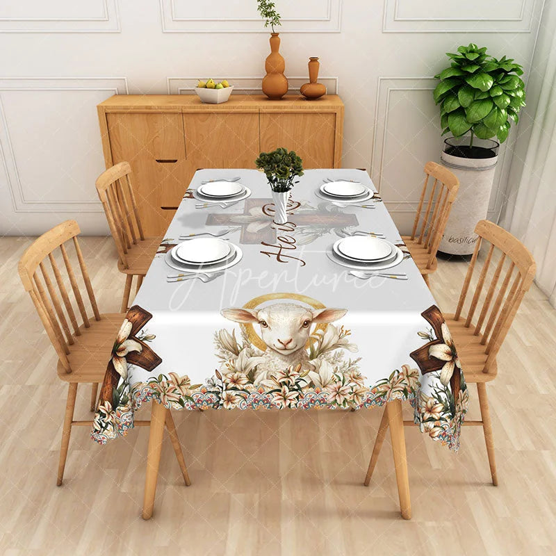 Aperturee - Aperturee He Is Risen Lamb of God Rectangle Tablecloth Religious Easter Sheep Cross Table Cover Christian Holiday Decor