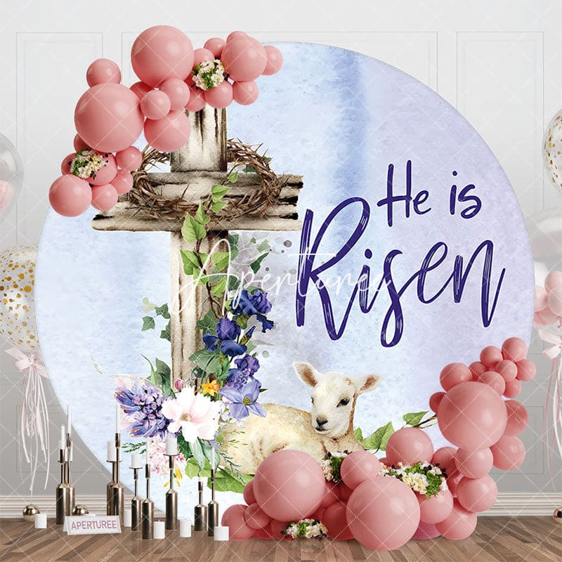 Aperturee - Aperturee He Is Risen Sheep Cross Floral Round Easter Backdrop