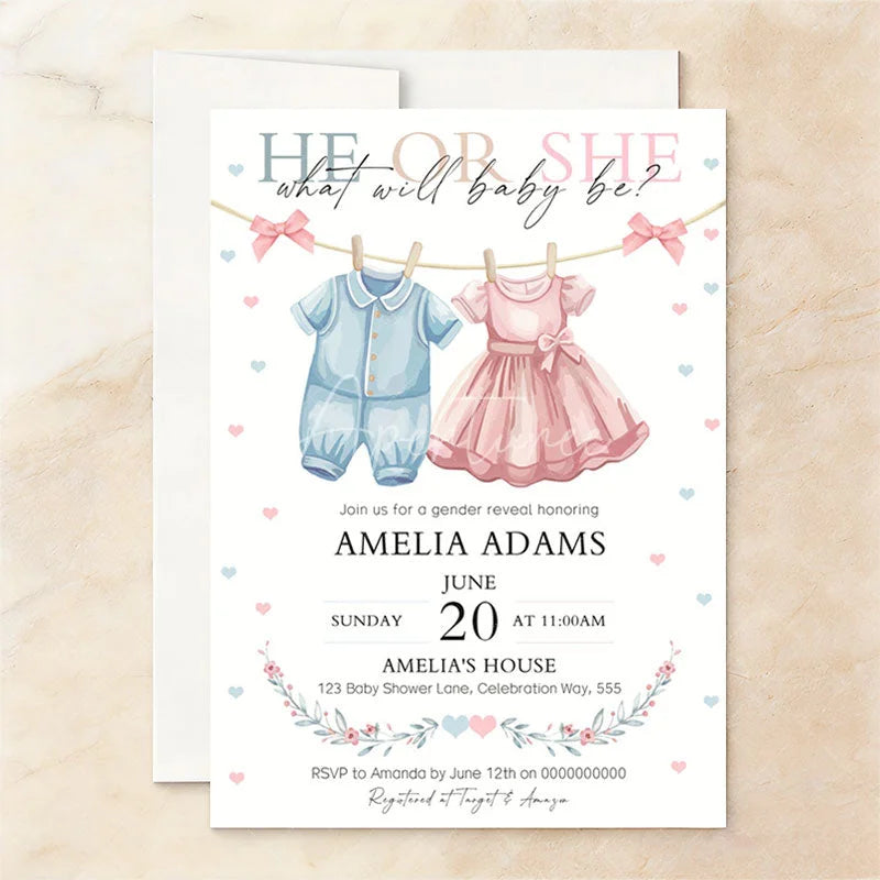 Aperturee - Aperturee Set of 20 He or She Baby Clothes Gender Reveal Invitation Personalized Pink and Blue Hearts Baby Shower Party Decor
