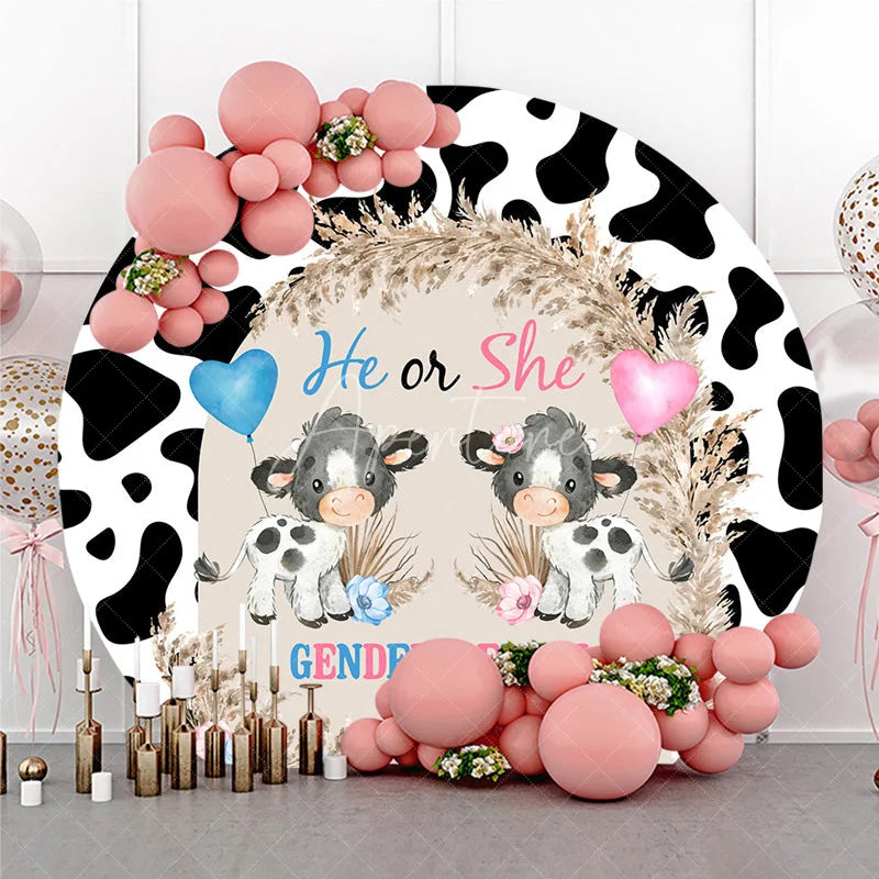 Aperturee - Aperturee He or She Cow Theme Gender Reveal Round Backdrop Cow Print and Pampas Grass Baby Shower Party Background