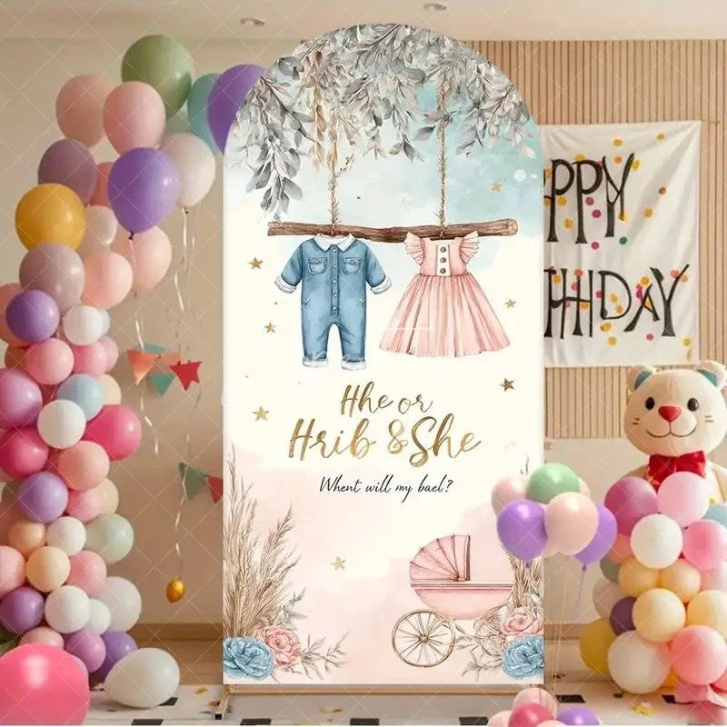Aperturee - Aperturee He or She Gender Reveal Arch Backdrop Baby Clothes and Floral Stroller Pink and Blue Party Decorations