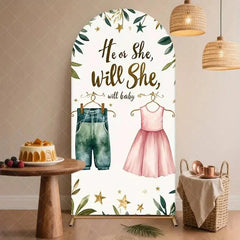 Aperturee - Aperturee He or She Gender Reveal Arch Backdrop Baby Clothes and Floral Stroller Pink and Blue Party Decorations