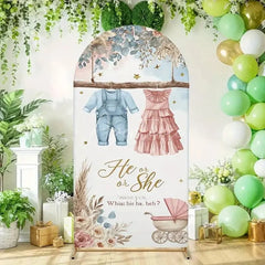 Aperturee - Aperturee He or She Gender Reveal Arch Backdrop Baby Clothes and Floral Stroller Pink and Blue Party Decorations