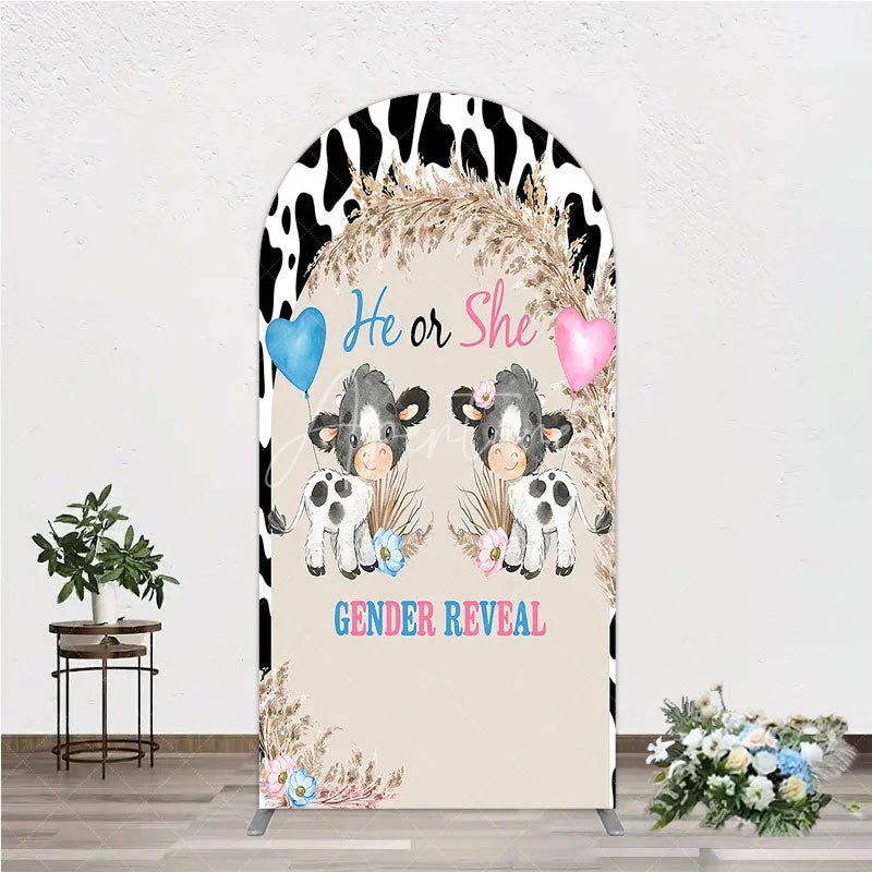 Aperturee - Aperturee He or She Gender Reveal Cow Arch Backdrop Western Farm Animal and Pampas Grass Party Cover