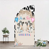 Aperturee - Aperturee He or She Gender Reveal Cow Half Moon Arch Backdrop Western Farm Animal and Pampas Grass Party Cover