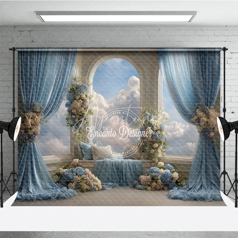 Aperturee - Aperturee Heavenly Window Seat Backdrop Blue Drapes with Sky View Elegant Wedding Floral Photography Background