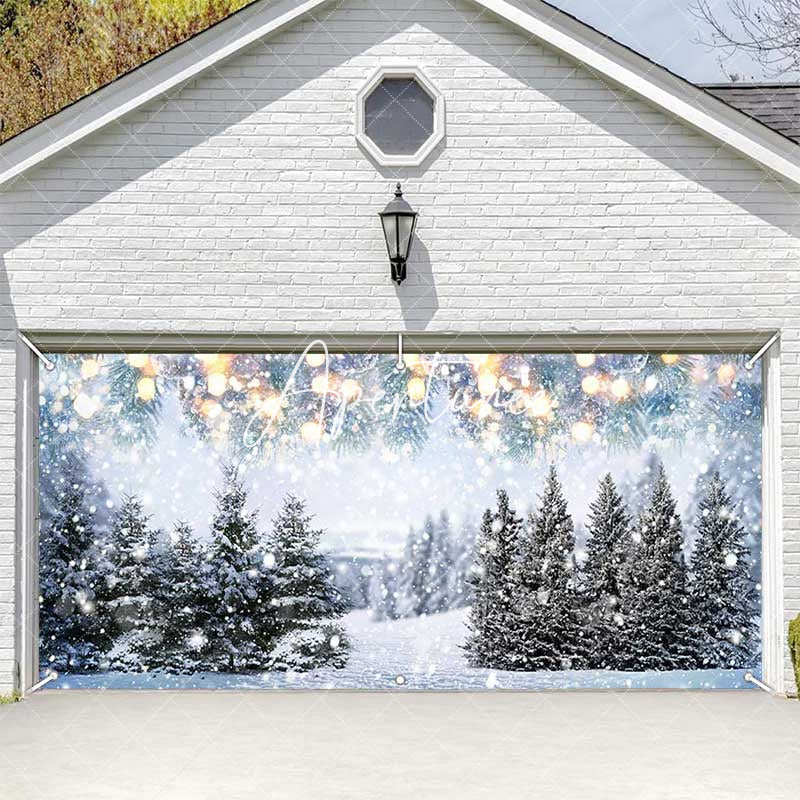 Aperturee - Aperturee Heavy Snowy Bokeh Light Trees Garage Door Banner