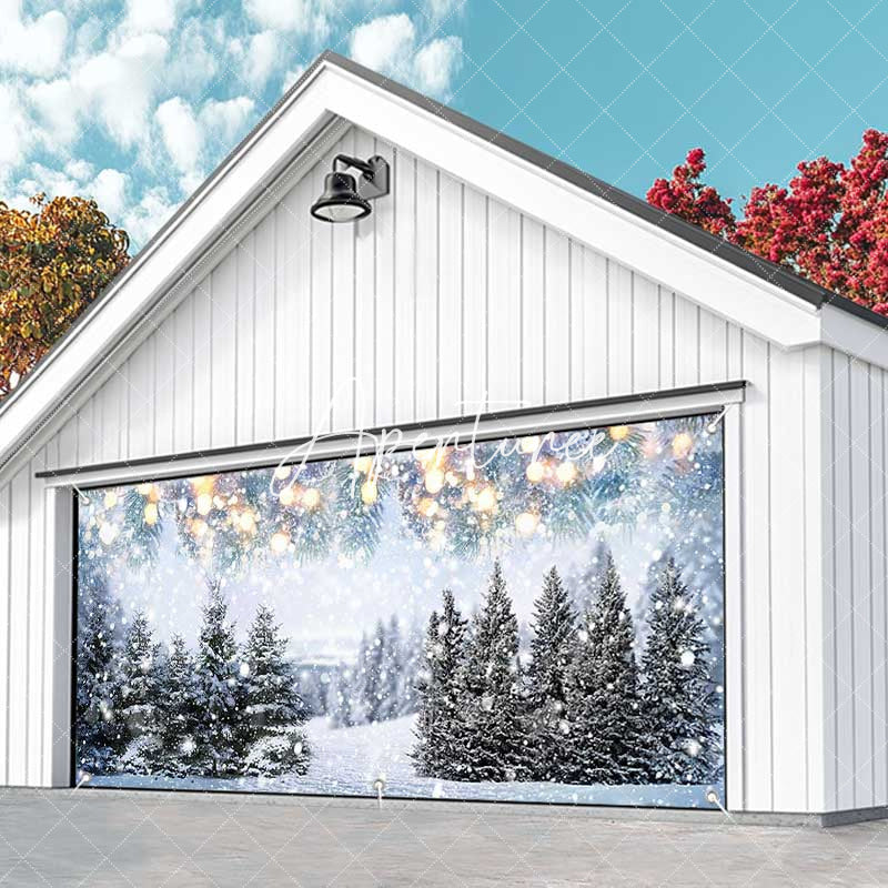 Aperturee - Aperturee Heavy Snowy Bokeh Light Trees Garage Door Banner