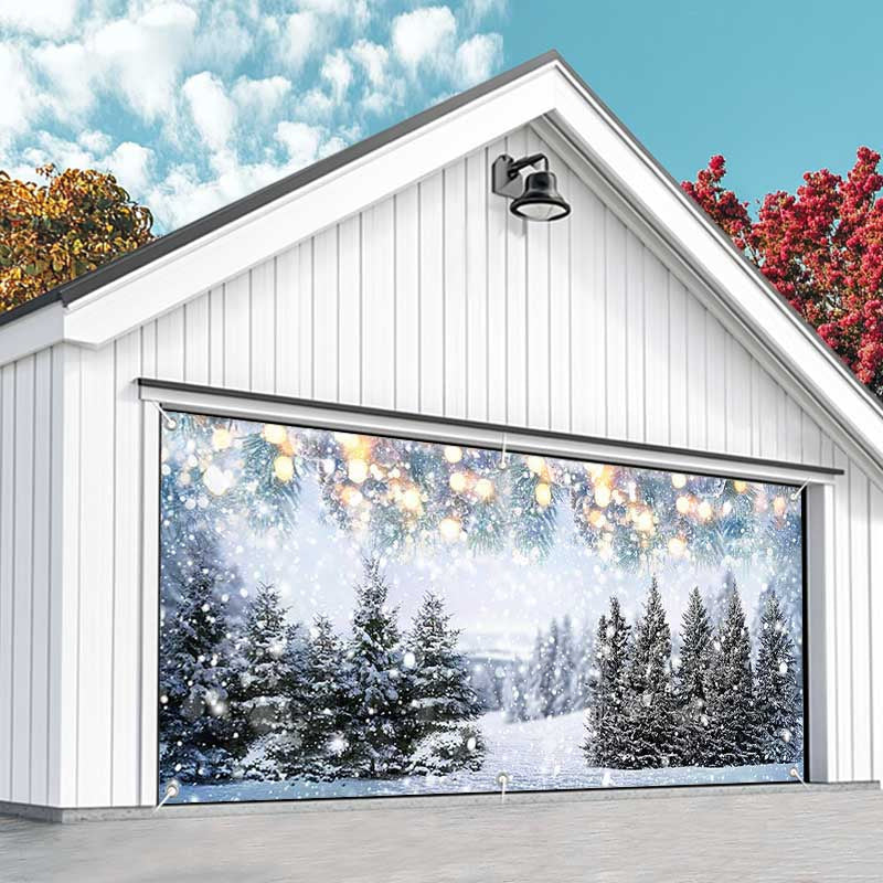 Aperturee - Aperturee Heavy Snowy Bokeh Light Trees Garage Door Banner
