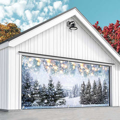 Aperturee - Aperturee Heavy Snowy Bokeh Light Trees Garage Door Banner