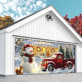 Aperturee - Aperturee Heavy Snowy Snowman Red Truck Garage Door Banner