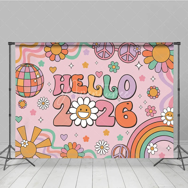 Aperturee - Aperturee Hello 2026 Groovy New Year Backdrop Retro 70s Hippie Theme with Disco Ball Peace Signs and Rainbow Party Decor
