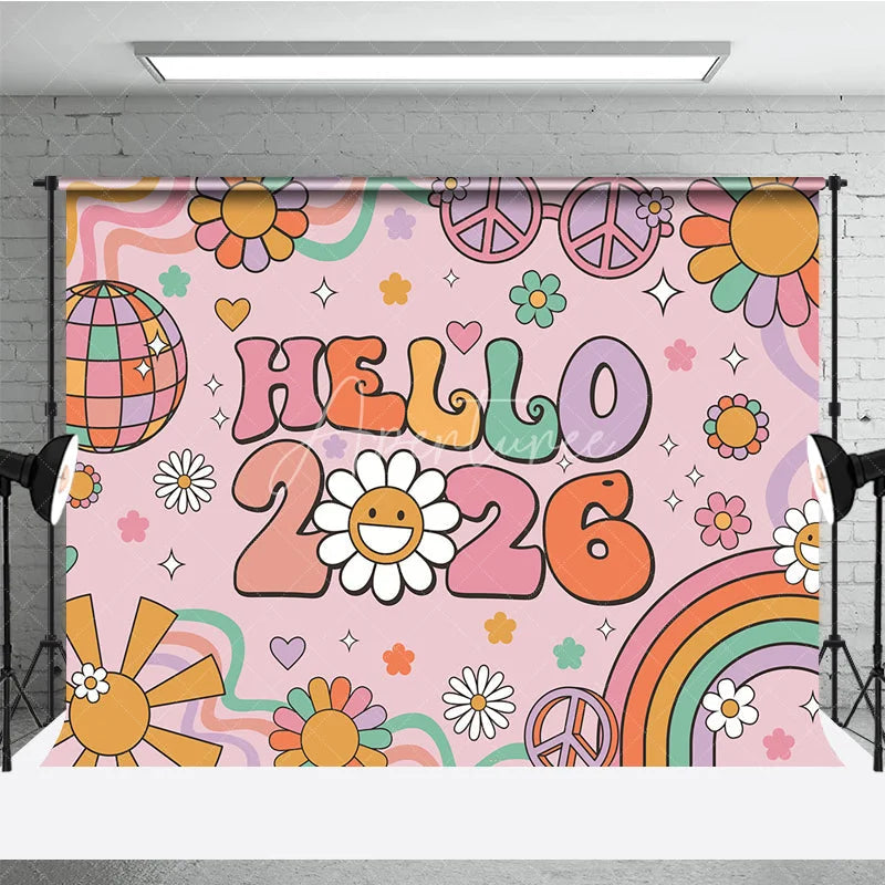 Aperturee - Aperturee Hello 2026 Groovy New Year Backdrop Retro 70s Hippie Theme with Disco Ball Peace Signs and Rainbow Party Decor