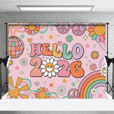 Aperturee - Aperturee Hello 2026 Groovy New Year Backdrop Retro 70s Hippie Theme with Disco Ball Peace Signs and Rainbow Party Decor