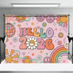 Aperturee - Aperturee Hello 2026 Groovy New Year Backdrop Retro 70s Hippie Theme with Disco Ball Peace Signs and Rainbow Party Decor