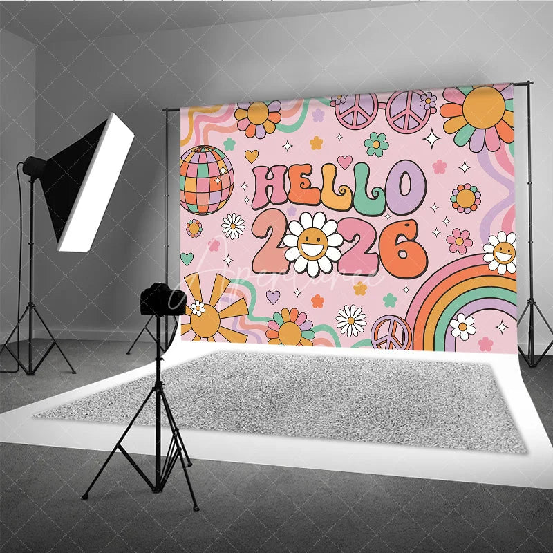 Aperturee - Aperturee Hello 2026 Groovy New Year Backdrop Retro 70s Hippie Theme with Disco Ball Peace Signs and Rainbow Party Decor