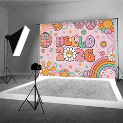 Aperturee - Aperturee Hello 2026 Groovy New Year Backdrop Retro 70s Hippie Theme with Disco Ball Peace Signs and Rainbow Party Decor