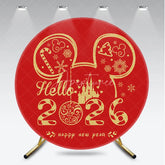 Aperturee - Aperturee Hello 2026 New Year Round Backdrop with Mouse Ears and Castle Red and Gold Glitter Magical Kingdom Party Decor