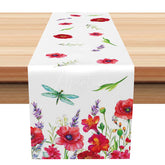 Aperturee - Aperturee Hello Spring Table Runner with Dragonfly and Wildflowers for Cottage Style and Garden Party Dining