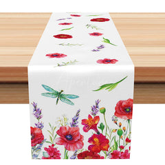 Aperturee - Aperturee Hello Spring Table Runner with Dragonfly and Wildflowers for Cottage Style and Garden Party Dining