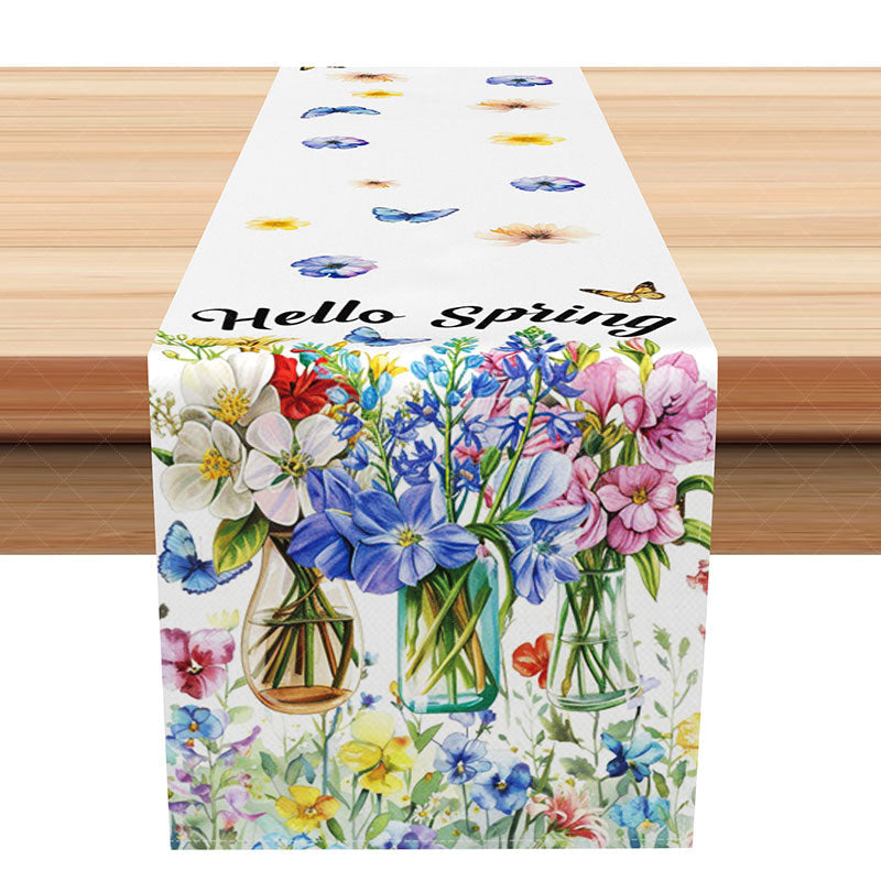 Aperturee - Aperturee Hello Spring Table Runner with Floral Butterfly and Vase for Garden Party and Farmhouse Kitchen Decor