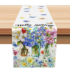 Aperturee - Aperturee Hello Spring Table Runner with Floral Butterfly and Vase for Garden Party and Farmhouse Kitchen Decor