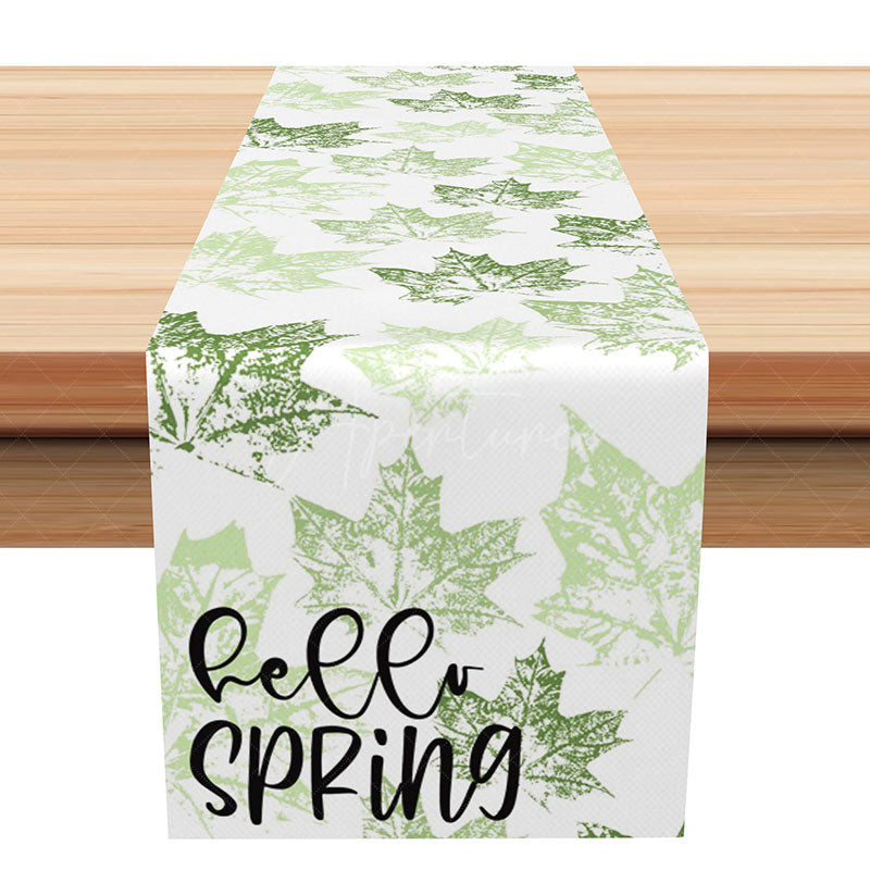 Aperturee - Aperturee Hello Spring Table Runner with Vibrant Green Leaves Fresh Botanical Design for Easter and Kitchen Decor