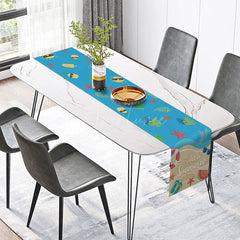 Aperturee - Aperturee Hello Summer Table Runner with Blue Beach and Sunshine Print for Coastal and Tropical Kitchen Decor