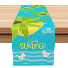 Aperturee - Aperturee Hello Summer Table Runner with Coconut Trees and Blue Sea for Tropical Beach and Coastal Kitchen Decor