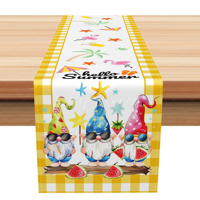 Aperturee - Aperturee Hello Summer Table Runner with Gnome and Yellow Gingham for Fun Farmhouse and Seasonal Kitchen Decor