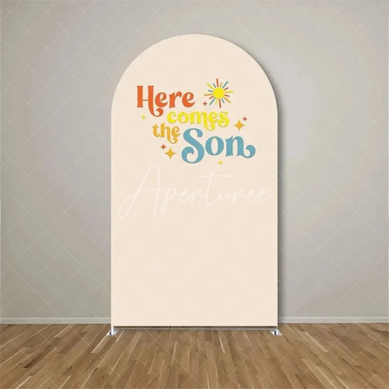Aperturee - Aperturee Here Comes The Son Arch Backdrop Boho Sun Terracotta Background for Baby Shower