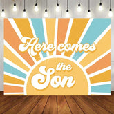 Aperturee - Aperturee Here Comes the Son Baby Shower Backdrop Retro Boho Sunshine Birthday Party Background Vintage Sun Ray Decorations
