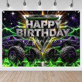 Aperturee - Aperturee High Energy Purple and Green Monster Truck Birthday Backdrop Racing Party Photo Background Lightning