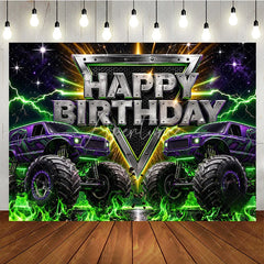 Aperturee - Aperturee High-Energy Purple Monster Truck Rally Birthday Backdrop featuring Green Lightning and a Starry Night