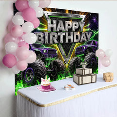 Aperturee - Aperturee High-Energy Purple Monster Truck Rally Birthday Backdrop featuring Green Lightning and a Starry Night