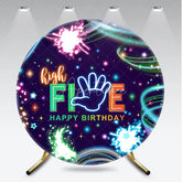 Aperturee - Aperturee High Five Happy Birthday Round Backdrop Neon Glow Party 5th Birthday Paint Splatter Photo Booth Props