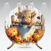 Aperturee Aperturee Highland Cow in a Tub Round Backdrop Autumn Farm with Jack O’ Lanterns Rustic Fall Thanksgiving Photo Prop