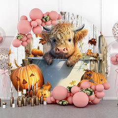 Aperturee Aperturee Highland Cow in a Tub Round Backdrop Autumn Farm with Jack O’ Lanterns Rustic Fall Thanksgiving Photo Prop