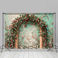 Aperturee - Aperturee Holly Berry Arch Backdrop Teal Wall Green Leaves Photography Background Winter Christmas Floral Holiday Party