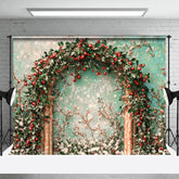 Aperturee - Aperturee Holly Berry Arch Backdrop Teal Wall Green Leaves Photography Background Winter Christmas Floral Holiday Party
