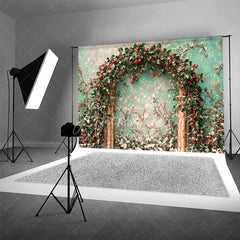 Aperturee - Aperturee Holly Berry Arch Backdrop Teal Wall Green Leaves Photography Background Winter Christmas Floral Holiday Party